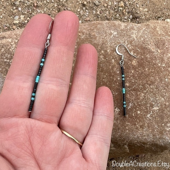 Turquoise and Black Simple Beaded Earrings - Picture 4 of 6